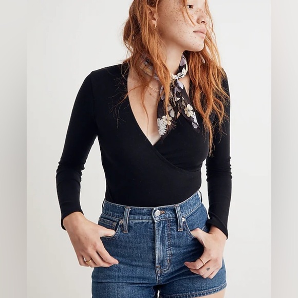 Madewell Tops - Madewell Wrap Thong Bodysuit Long Sleeve Black